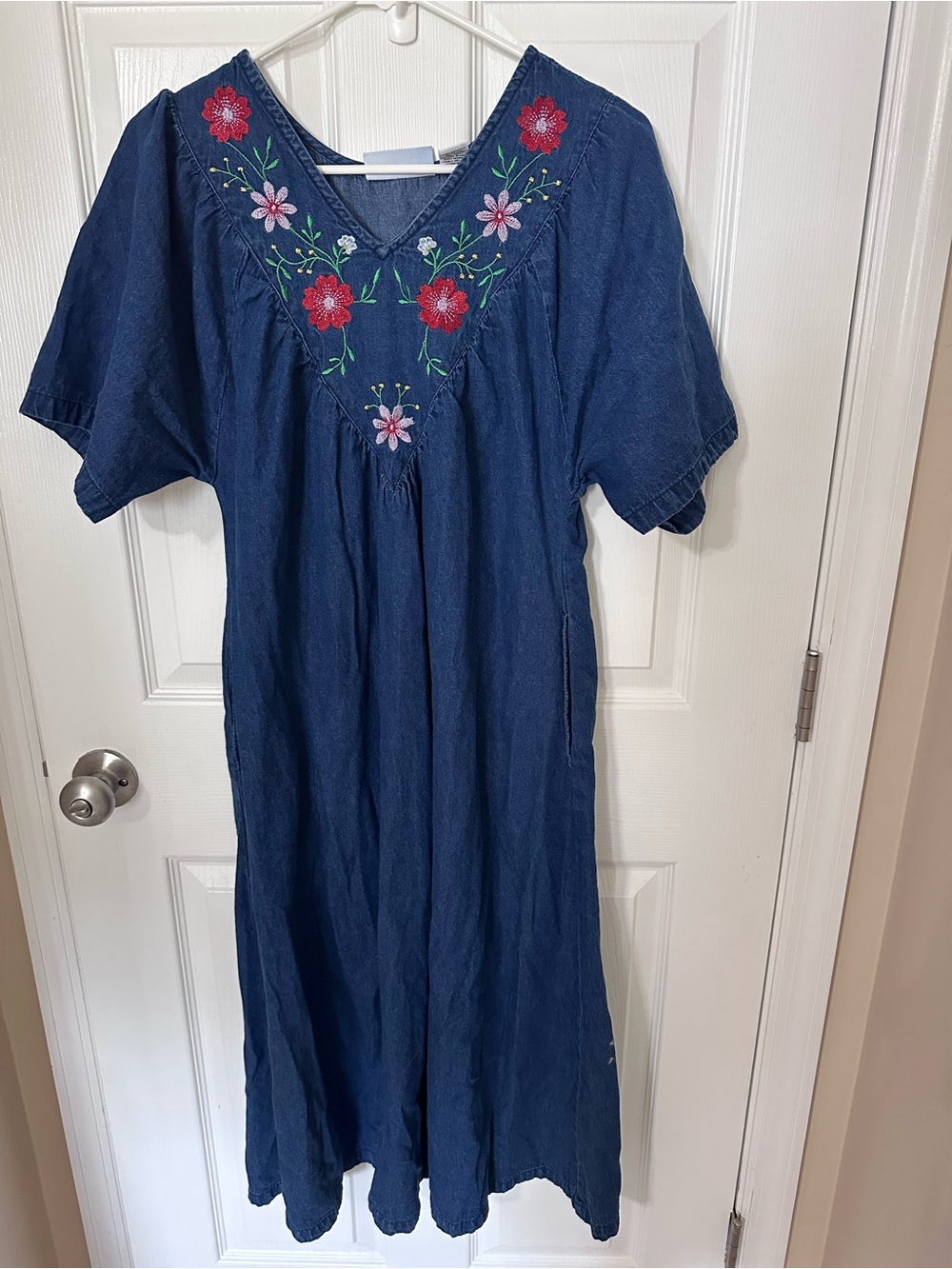 Country Store Denim Dress with Floral Embroidery